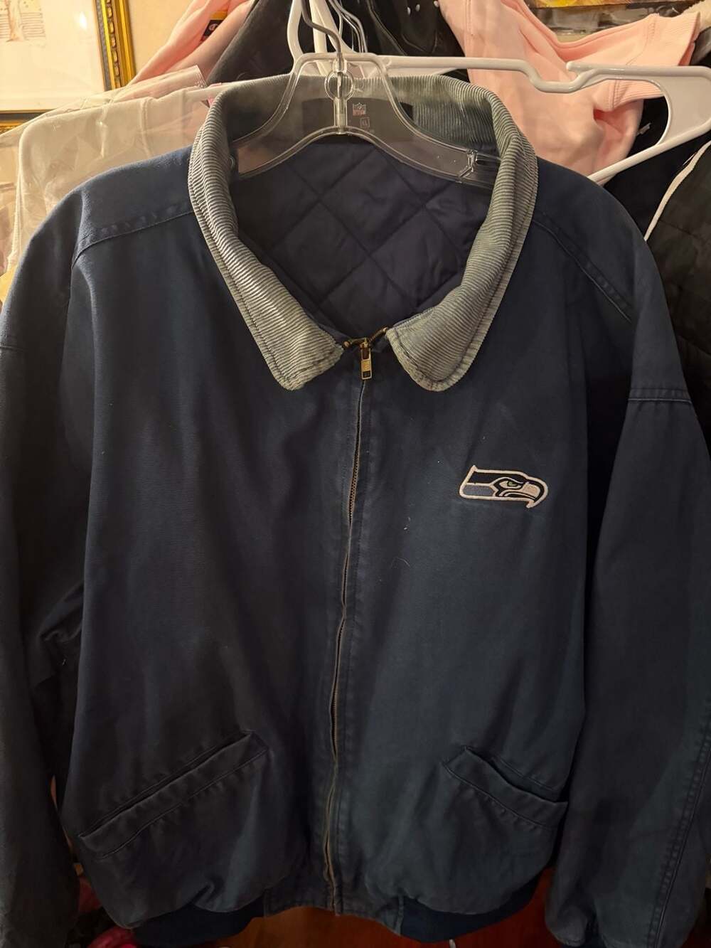 Reebok Seattle Seahawks Jacket Size XL Navy Blue Full Zip Corduroy Collar